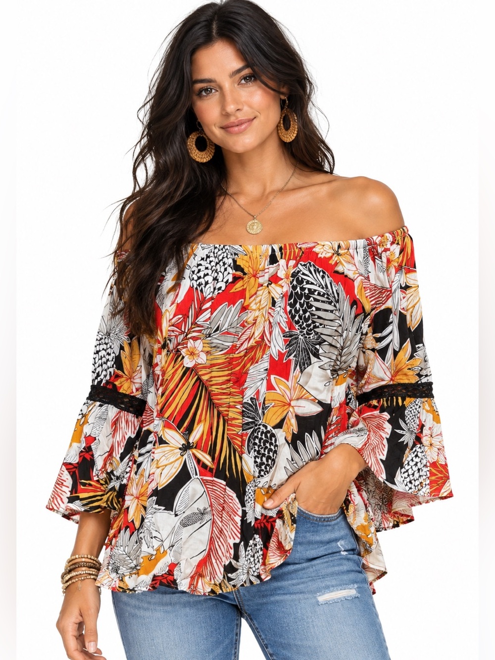 Figueroa & Flower Tropical Floral Off-Shoulder Blouse Red/Black/Yellow boho